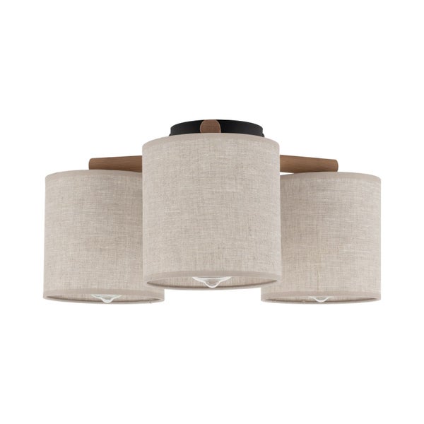 Deckenleuchte mit drei Lampenschirmen aus Textil und Holz