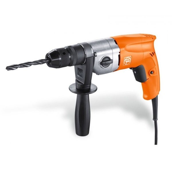 Orangefarbene Fein Handbohrmaschine mit Kabel, schwarzem Zusatzhandgriff und Bohrer.