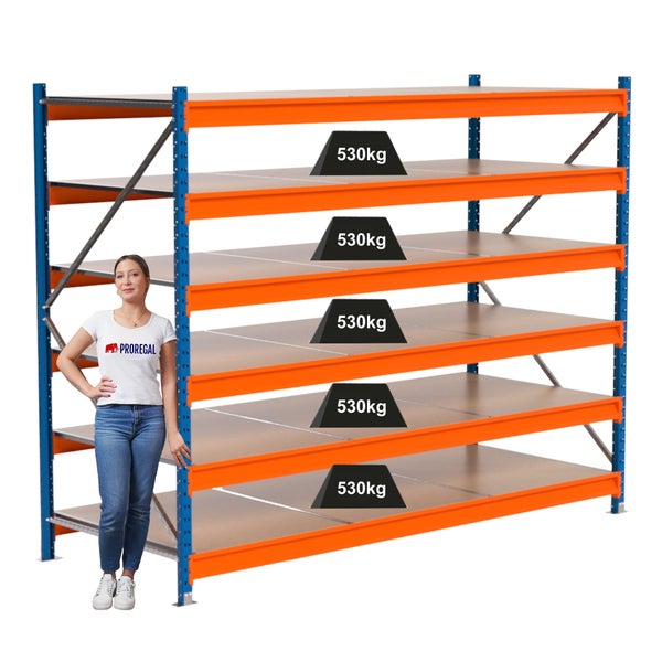 Lagerregal mit fünf Ebenen und einer Traglast von 530 Kilogramm pro Ebene