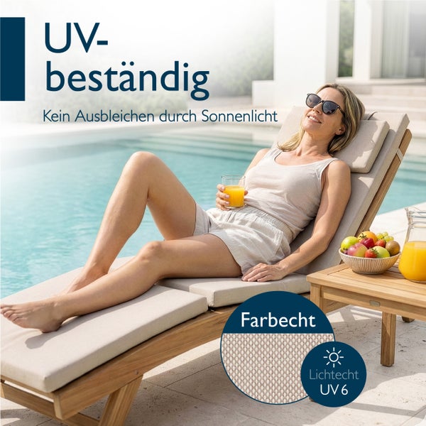 UV-beständige und farbechte Sonnenliege aus Holz mit Polsterauflage am Swimmingpool. Hohe Lichtechtheit sorgt für dauerhafte Farben.