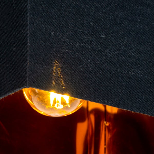 Nahaufnahme einer leuchtenden Glühbirne unter einem schwarzen Lampenschirm aus Stoff.