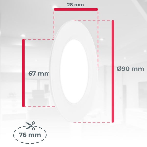 Runde Einbauleuchte: Außendurchmesser 90 Millimeter, Innendurchmesser 67 Millimeter, Tiefe 28 Millimeter, Lochausschnitt 76 Millimeter.