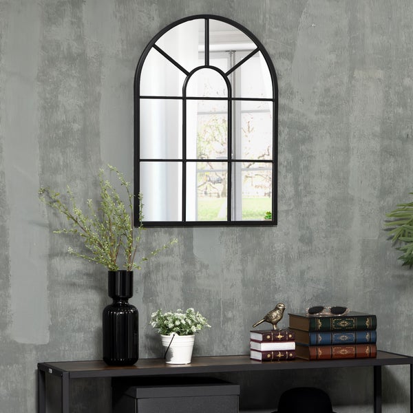 HOMCOM Wandspiegel Fensterspiegel 70 x 50 cm Dekorativ Spiegel mit Metallrahmen Hängespiegel für Wohnzimmer, Schlafzimmer, Schwarz