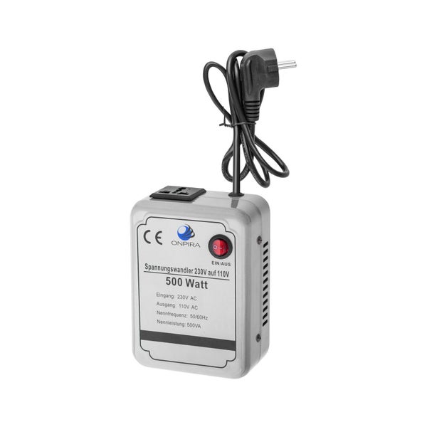 Spannungswandler 230 Volt auf 110 Volt mit 500 Watt Nennleistung und Ein Aus Schalter von Onpira
