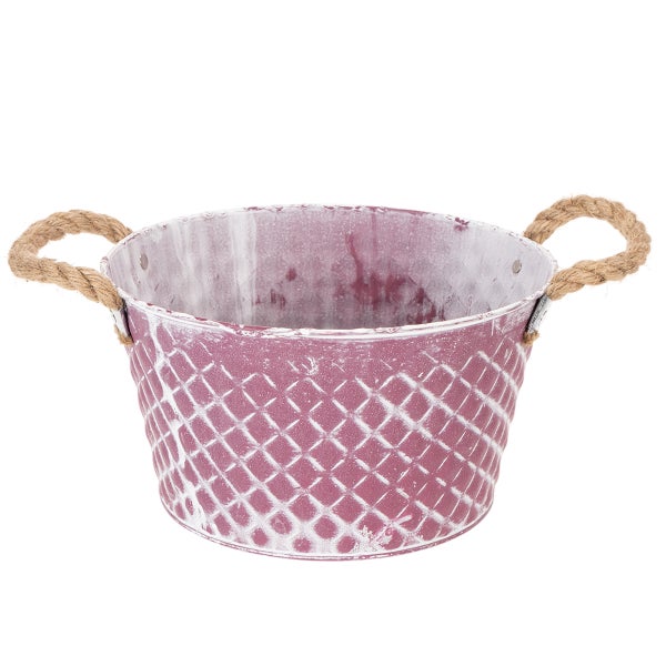 Metall-Pflanztopf in Rosa mit Rautenmuster und Seilgriffen.