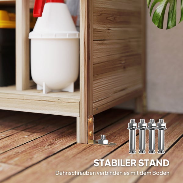 Detailaufnahme eines Holzschranks mit Bodenschrauben zur Stabilisierung