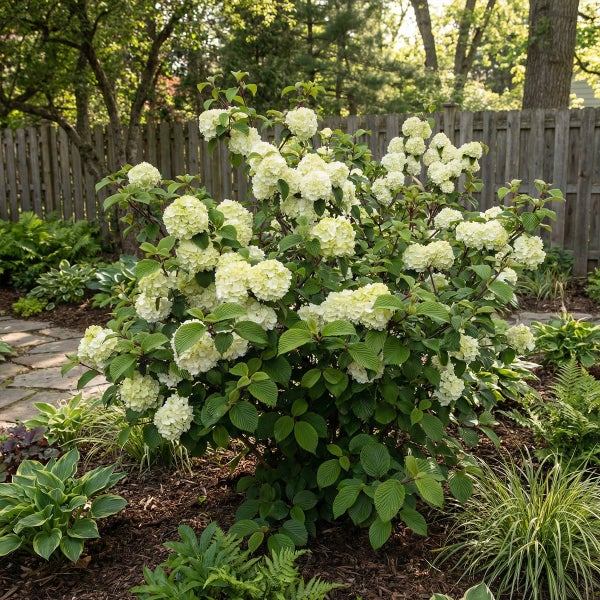 Blühender Schneeball Viburnum plicatum mit weißen Blütenbällen im Garten vor einem Holzzaun.