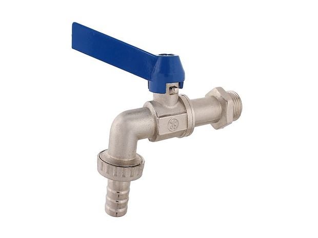 Auslaufventil aus Metall mit blauem Hebelgriff und Schlauchanschluss für den Garten.