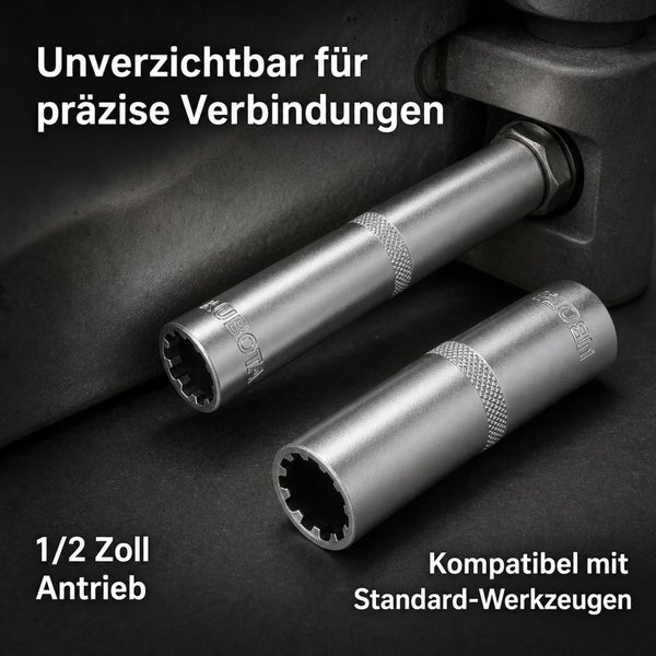 Zwei Kubota Steckschlüsseleinsätze mit einemhalb Zoll Antrieb für präzise Verbindungen, kompatibel mit Standardwerkzeugen.