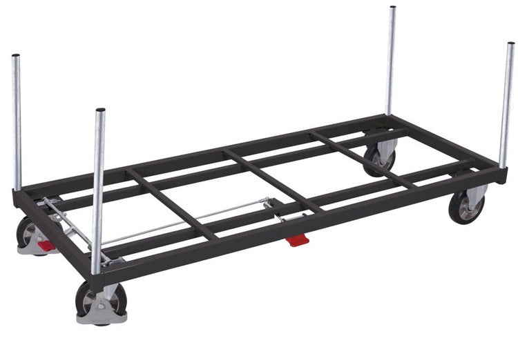 Langgutwagen mit vier Einsteckrungen, robuster Metallrahmen, vier Lenkrollen und zentraler Feststellbremse.