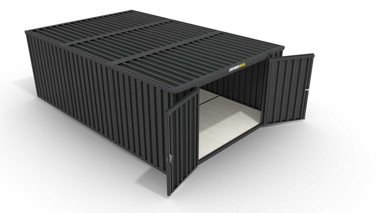 Lagercontainer Gerätehaus XL3  – 32 qm, H2150 x B5080 x T6520 mm, Außenwandlackierung anthrazit, Dach außen verzinkt, mit Holzfußboden, 2750 mm Doppelflügeltür mittig in Stirnseite, montiert