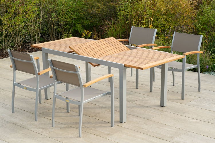 Naxos Gartenmöbelset 5tlg., 4 Stapelsessel, Ausziehtisch 150 (200) x 90 cm, taupe