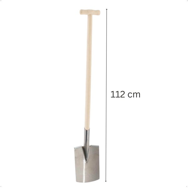 Spaten mit T-Stiel aus Holz und Metallblatt, Gesamtlänge 112 Zentimeter.