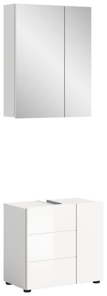 Badezimmermöbel-Set bestehend aus einem Spiegelschrank mit zwei Türen und einem Waschbeckenunterschrank mit drei Schubladen und einer Tür.