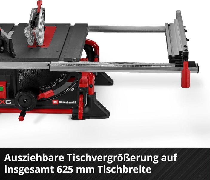 Einhell Tischkreissäge mit ausziehbarer Tischverbreiterung auf 625 Millimeter für präzise Schnitte.
