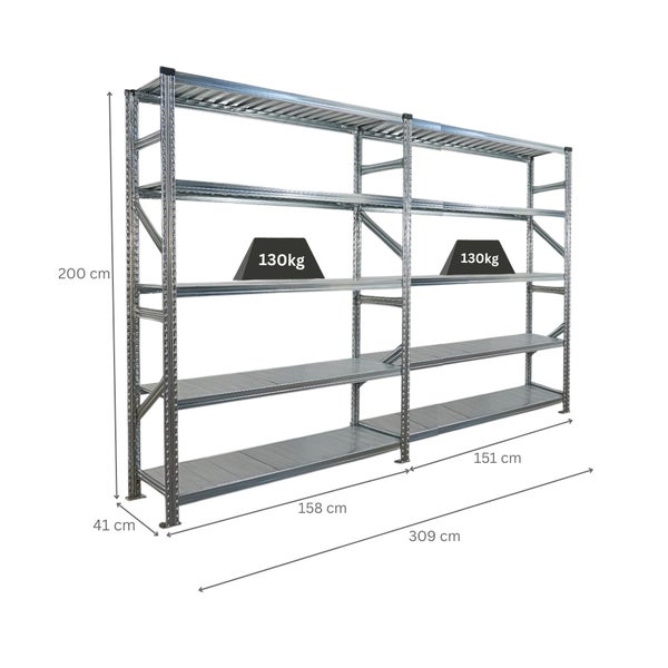 Metallregal mit den Maßen 200 x 309 x 41 cm und einer Traglast von 130 kg