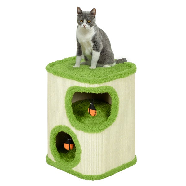 PawHut Kratztonne, 52 cm hoch Katzentonne mit 2 Höhle, Kratzbaum mit Marienkäfer-Spielzeug, Katzenturm aus Sisal, Katzenhöhle Katzenhütte für Katze bis 5 kg, Grün+Cremeweiß