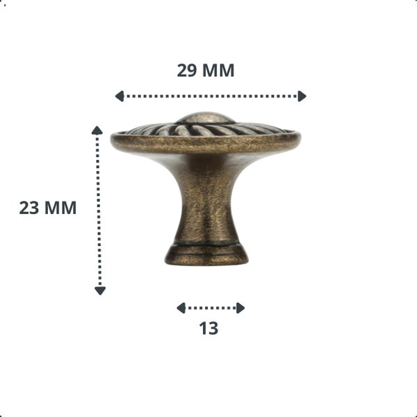 Möbelknopf antik Bronze, geriffelt, Durchmesser 29 Millimeter, Höhe 23 Millimeter, Sockel 13 Millimeter.