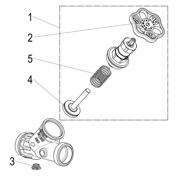 Technische Explosionszeichnung eines Schrägsitzventils mit nummerierten Einzelteilen wie Handrad, Feder und Ventilgehäuse.