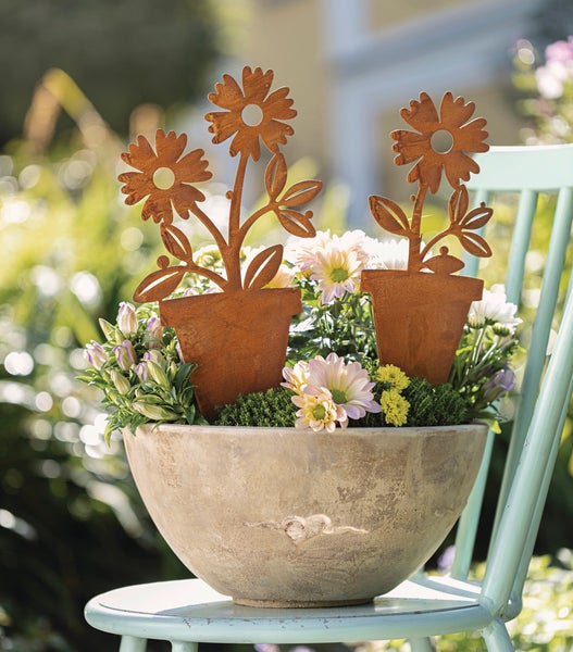 FRANK FLECHTWAREN | Gartenstecker Blume im Topf, 2er Set, METALL, H: 35 cm, H: 40 cm