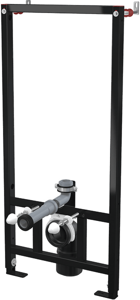 Vorwandelement für Bidet mit Metallrahmen, Ablaufbogen und Befestigungsmaterial.