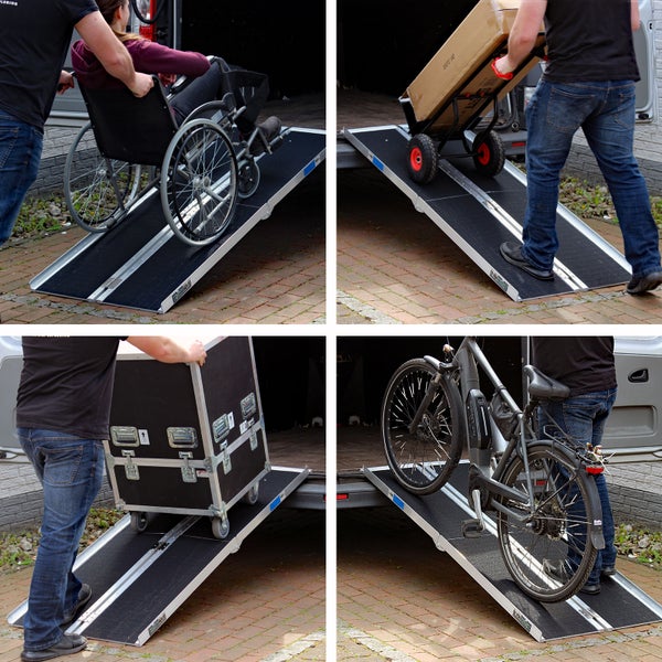Mehrfachansicht einer Auffahrrampe im Einsatz mit Rollstuhl, Transportwagen, Transportbox und Fahrrad