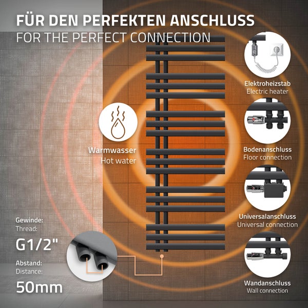 ECD Germany Iron EM Design Badheizkörper Elektrisch mit Heizstab 1200 W - 500 x 1400 mm - Anthrazit - Designheizkörper Paneelheizkörper Heizkörper Handtuchwärmer Handtuchtrockner