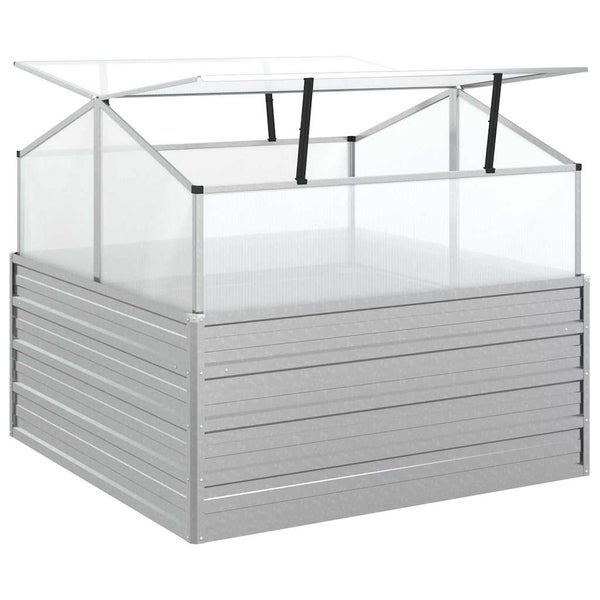 Quadratisches Hochbeet aus verzinktem Stahlblech mit transparentem Frühbeetaufsatz und zwei geöffneten, klappbaren Deckeln.