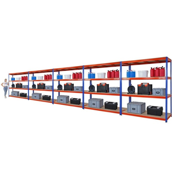 PROREGAL Mega Deal 5x Profi Schwerlastregal Bison HxBxT 200 x 180 x 60 cm 4 Fachböden Fachlast 600 kg Blau-Orange