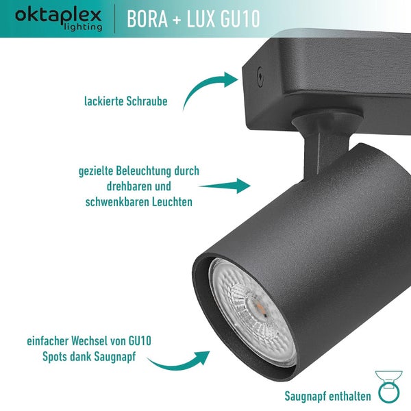 Bora Deckenstrahler inklusive stufenlos dimmbar GU10 Leuchtmittel 400lm 2700K warmweiß 5W 230V 3-flammig Spotbalken schwarz
