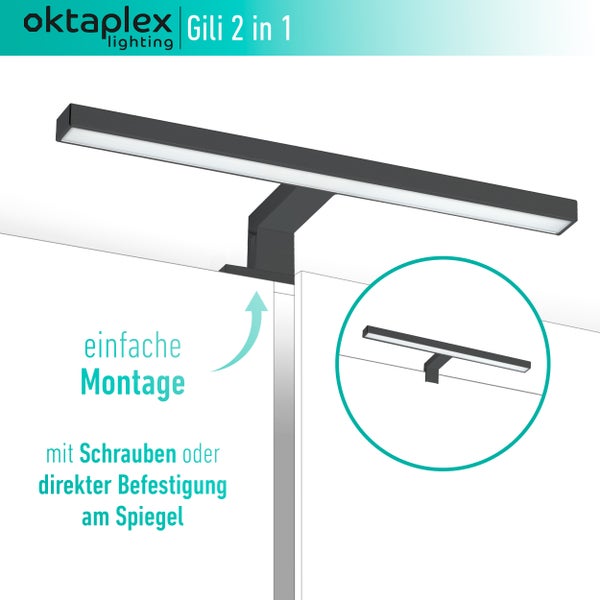 LED Spiegelleuchte Bad 6500K Kaltweiß 5W 350lm Schminklicht 2 in 1 Montage schwarz 30 cm für Spiegel bis 7mm Dicke Spiegellampe