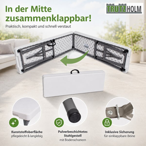 Trutzholm Klapptisch aus Kunststoff mit pulverbeschichtetem Stahlgestell und Tragegriff, zusammenklappbar für platzsparende Aufbewahrung.