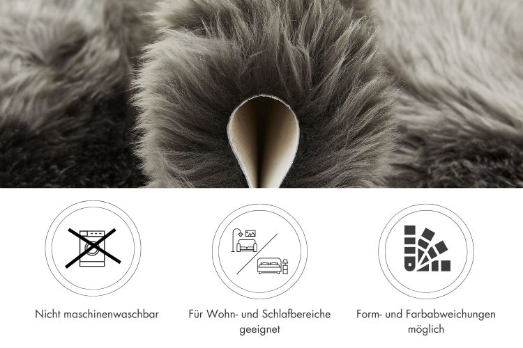 Kunstfell Teppich mit weicher Struktur. Symbole weisen auf Handwäsche, Eignung für Wohn- und Schlafbereich sowie mögliche Abweichungen hin.