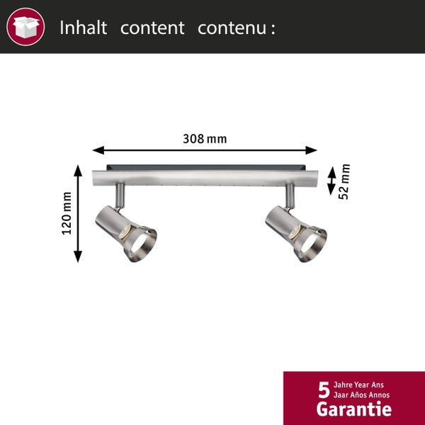 Maße der zweiflammigen Spotleiste: Länge 308 Millimeter, Höhe 120 Millimeter, Tiefe 52 Millimeter. 5 Jahre Garantie.
