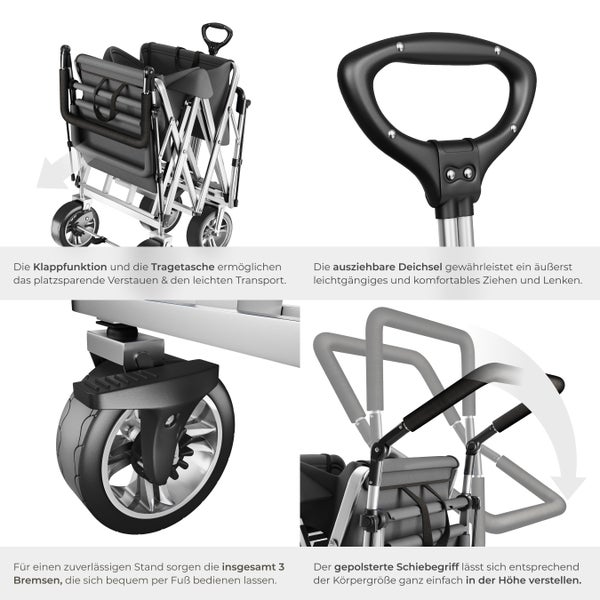 Bollerwagen tectake Nico inklusive Tragetasche, Belastbarkeit 80 kg faltbar, mit Dach grau
