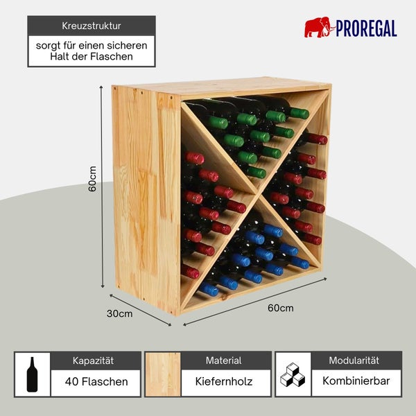 Weinregal aus Kiefernholz von Proregal Logo, Kreuzstruktur für vierzig Flaschen, Maße sechzig mal sechzig mal dreißig Zentimeter, modular kombinierbar.