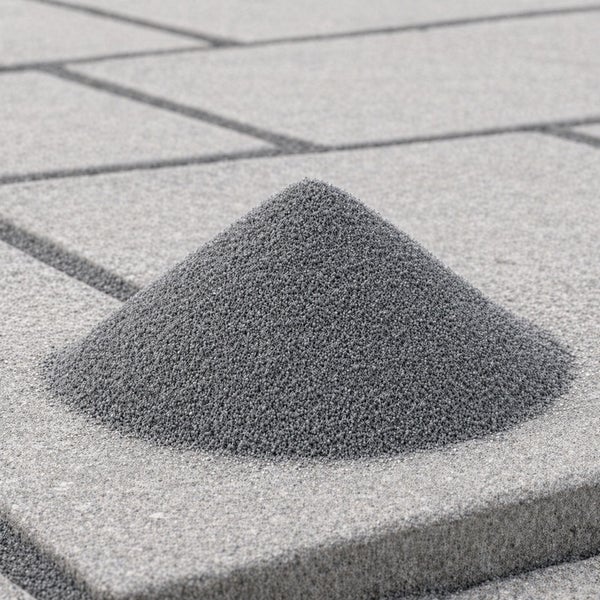 Ein kleiner Haufen Fugensand auf gepflasterten Steinplatten für die Terrassenfugen.