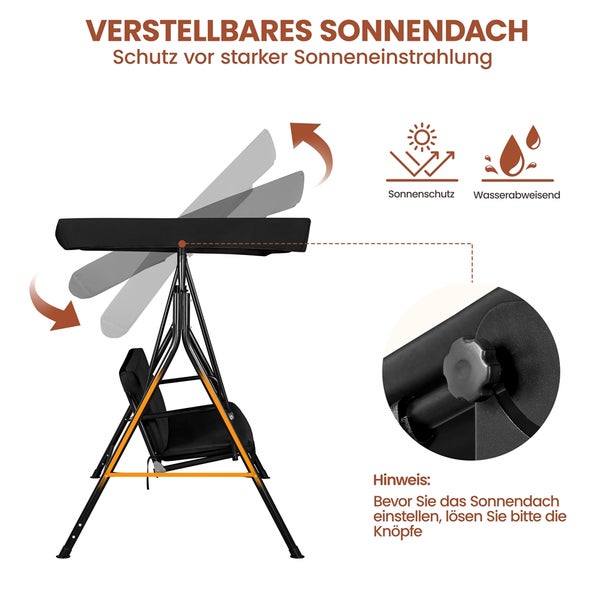 Gartenschaukel mit verstellbarem, schwarzem Sonnendach. Symbole für Sonnenschutz und wasserabweisende Oberfläche. Detailansicht des Einstellknopfs.