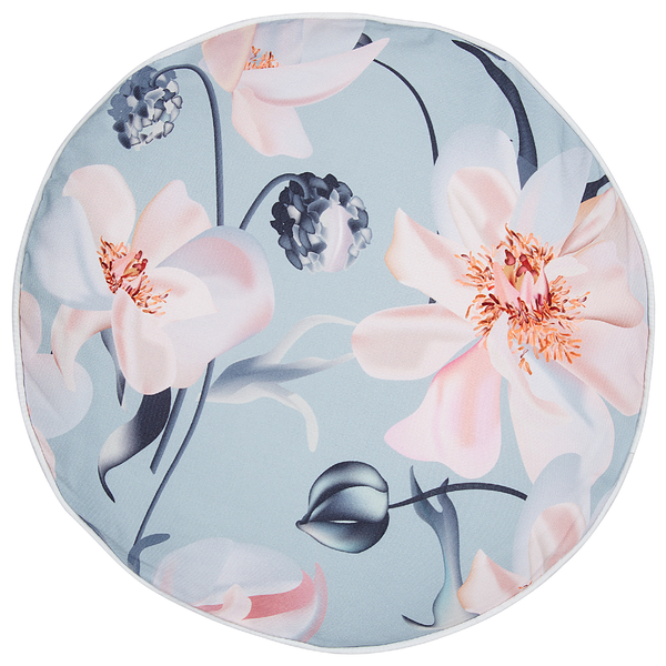 Rundes Sitzkissen mit floralem Blumenmuster und Paspelierung