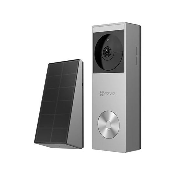 EZVIZ Video-Türsprechanlage mit Kamera, Klingeltaste und EZVIZ Logo, begleitet von einem Solarpanel.