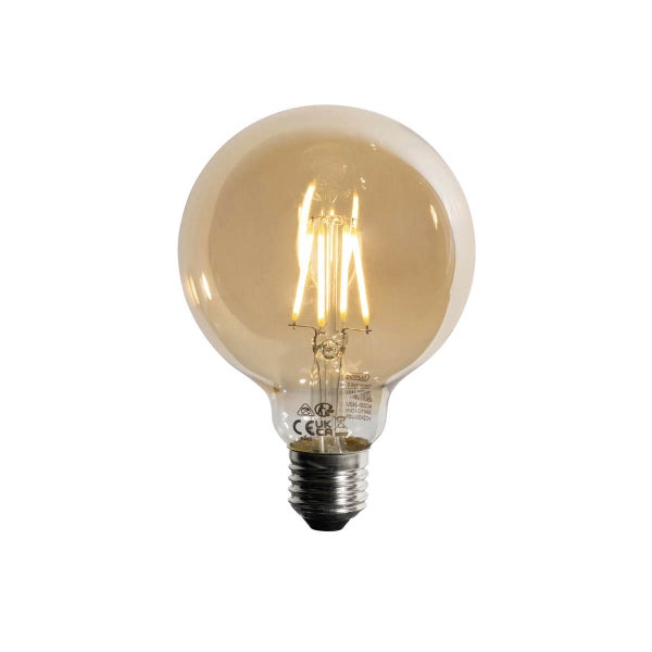 Vintage LED-Filament-Leuchtmittel in Globe-Form mit bernsteinfarbenem Glas und E27-Sockel.