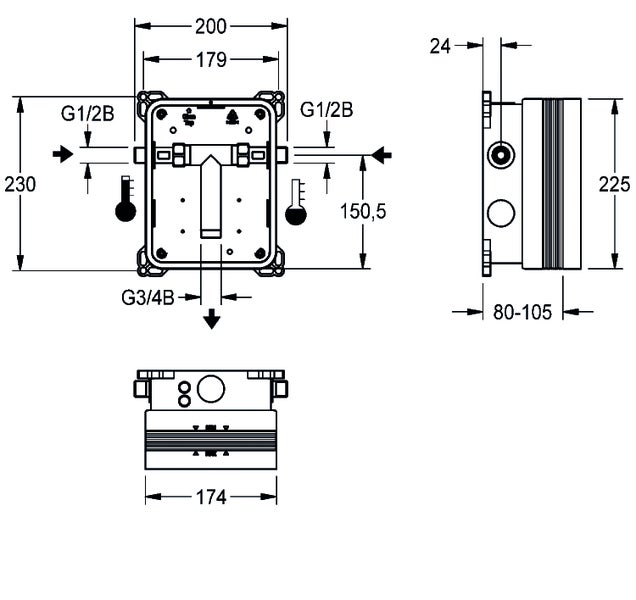 Technische Zeichnung eines Unterputz-Einbaukörpers mit detaillierten Maßangaben in Millimeter für die Montage.