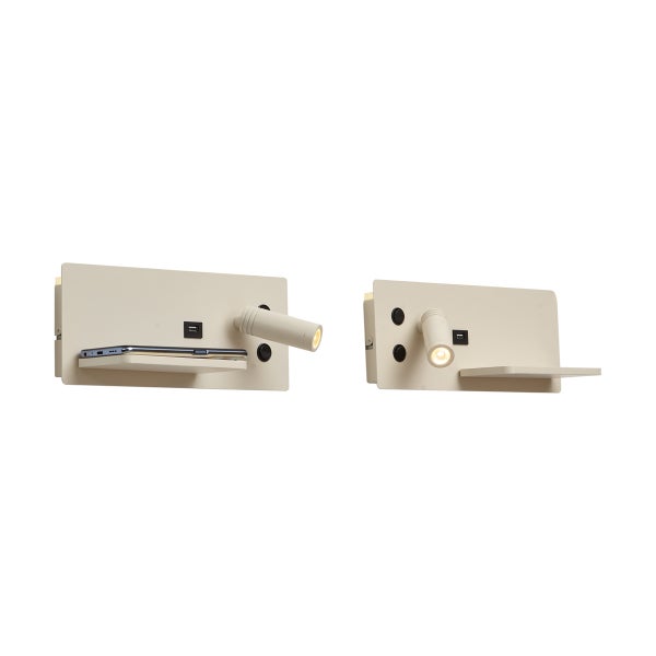 Beige Wandleuchte mit Ablage, USB-Anschluss und verstellbarem LED-Spot.