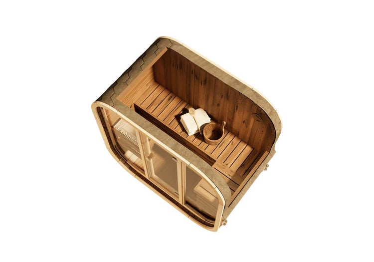 FinnTherm Comfort Set Fasssauna Ellipso M Fasssauna 1 Sitzbänke aus Holz Sauna mit 42 mm Wandstärke, Außensauna mit Montagematerial