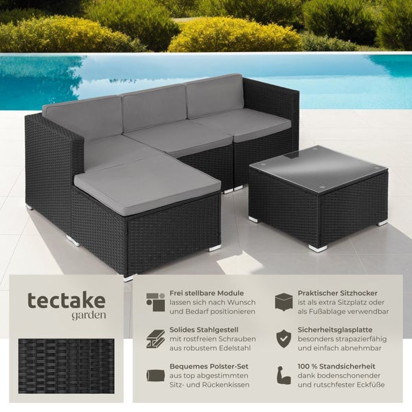 Rattan Lounge tectake Lignano variabel aufstellbar für 3 bis 4 Personen schwarz