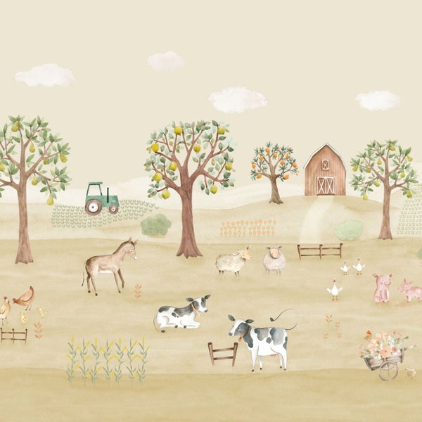 Illustration einer Bauernhofszene mit Tieren, Bäumen und einem Traktor.