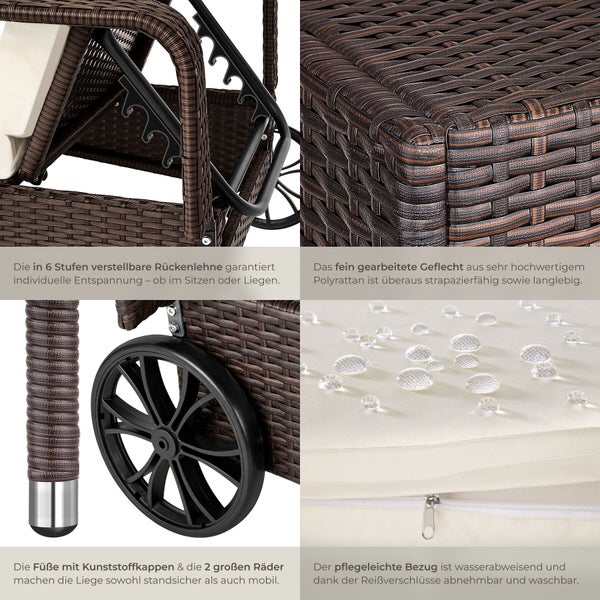 Gartenliege-Details: 6-stufig verstellbare Rückenlehne, Polyrattan-Geflecht, Transportrollen und wasserabweisender Bezug mit Reißverschluss.