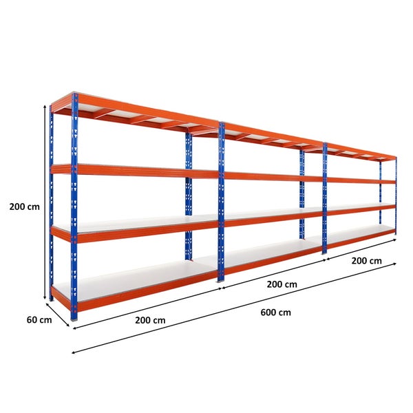 PROREGAL Mega Deal 3x Profi Schwerlastregal Rhino HxBxT 200x200x60cm 4 Melamin-Ebenen 16mm Fachlast 500kg Blau-Orange