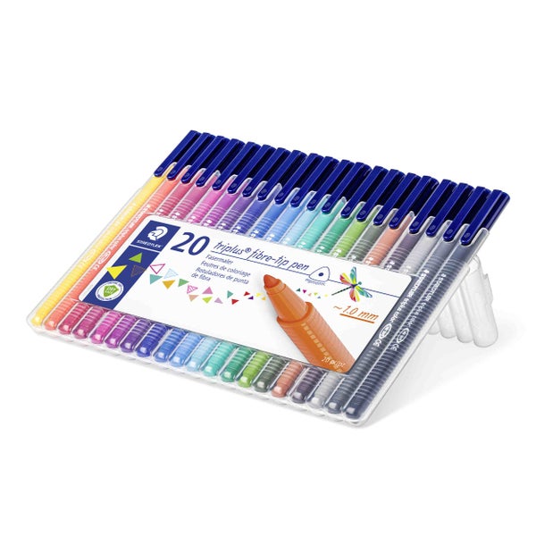 Set mit 20 Staedtler Triplus Fasermalern in einem aufstellbaren Etui mit ergonomischem Griff und einer Strichbreite von 1.0 Millimeter.