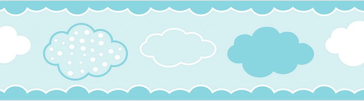 Tapetenborte mit Wolkenmotiven und gewelltem Rand in Blau und Weiß für das Kinderzimmer.